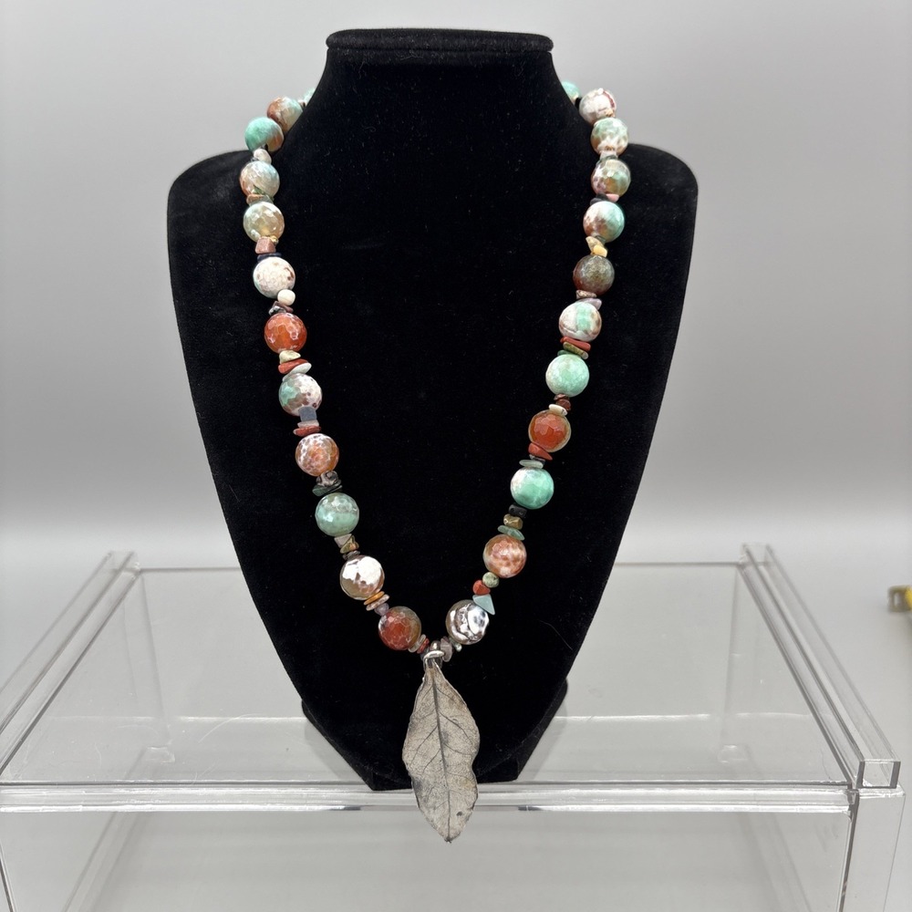 VTG Artisan Beaded Natural Gemstone Agate? Jasper? Silver Leaf Necklace GIFT 20"